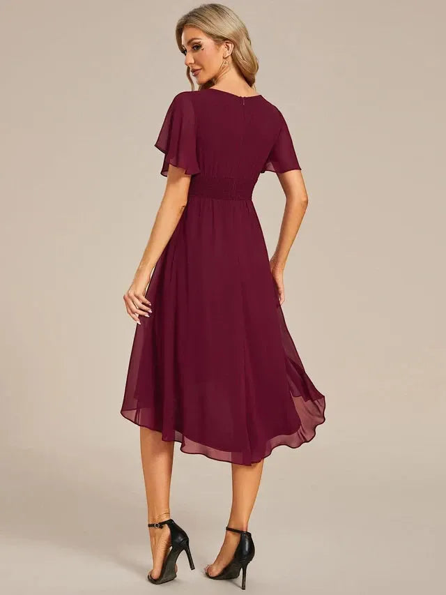 Women's Elegant Flowy Midi Wedding Guest Dress with Ruffle Details