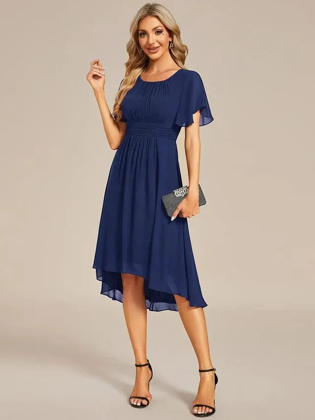 Women's Elegant Flowy Midi Wedding Guest Dress with Ruffle Details