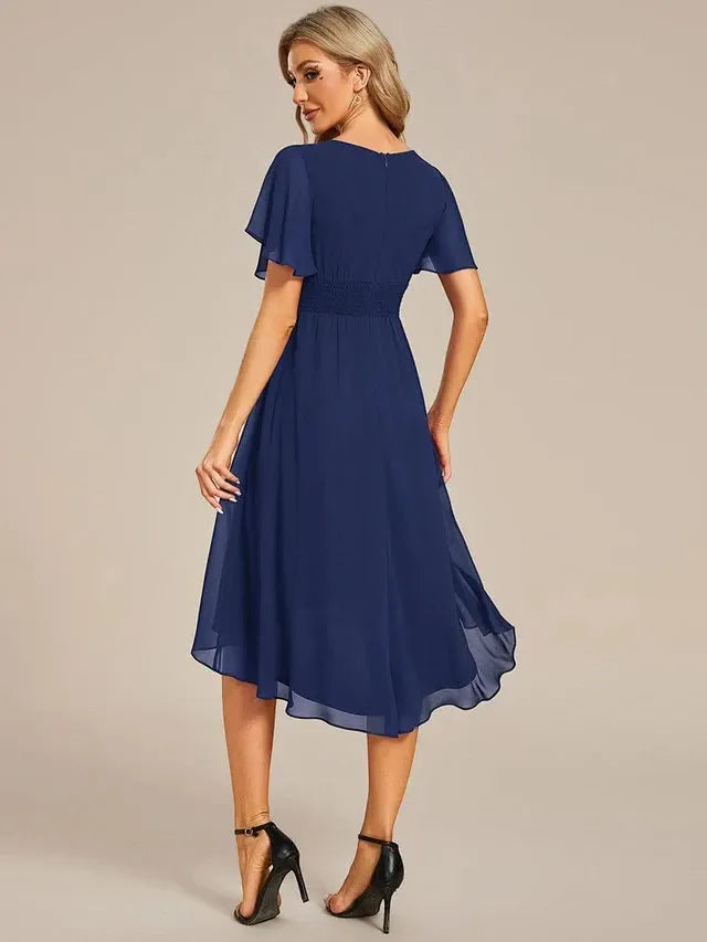 Women's Elegant Flowy Midi Wedding Guest Dress with Ruffle Details