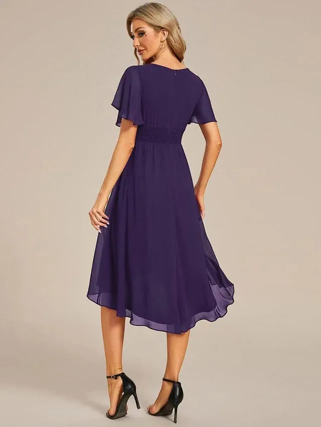Women's Elegant Flowy Midi Wedding Guest Dress with Ruffle Details