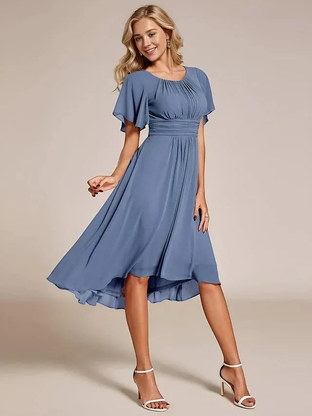 Women's Elegant Flowy Midi Wedding Guest Dress with Ruffle Details