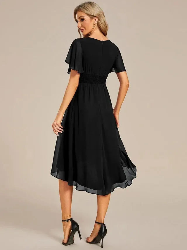 Women's Elegant Flowy Midi Wedding Guest Dress with Ruffle Details