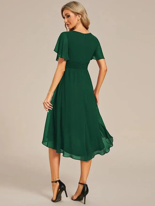 Women's Elegant Flowy Midi Wedding Guest Dress with Ruffle Details