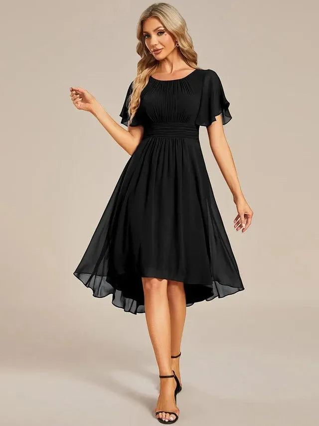 Women's Elegant Flowy Midi Wedding Guest Dress with Ruffle Details