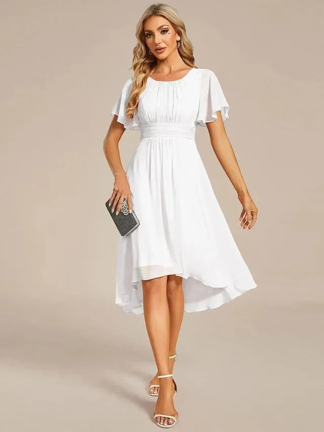 Women's Elegant Flowy Midi Wedding Guest Dress with Ruffle Details