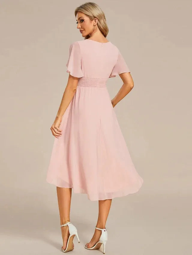 Women's Elegant Flowy Midi Wedding Guest Dress with Ruffle Details