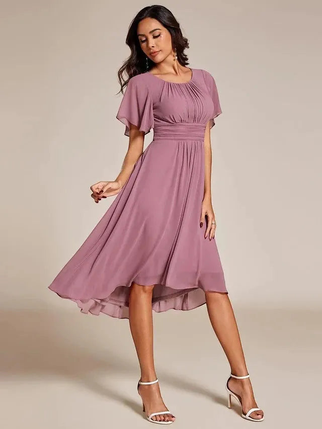 Women's Elegant Flowy Midi Wedding Guest Dress with Ruffle Details