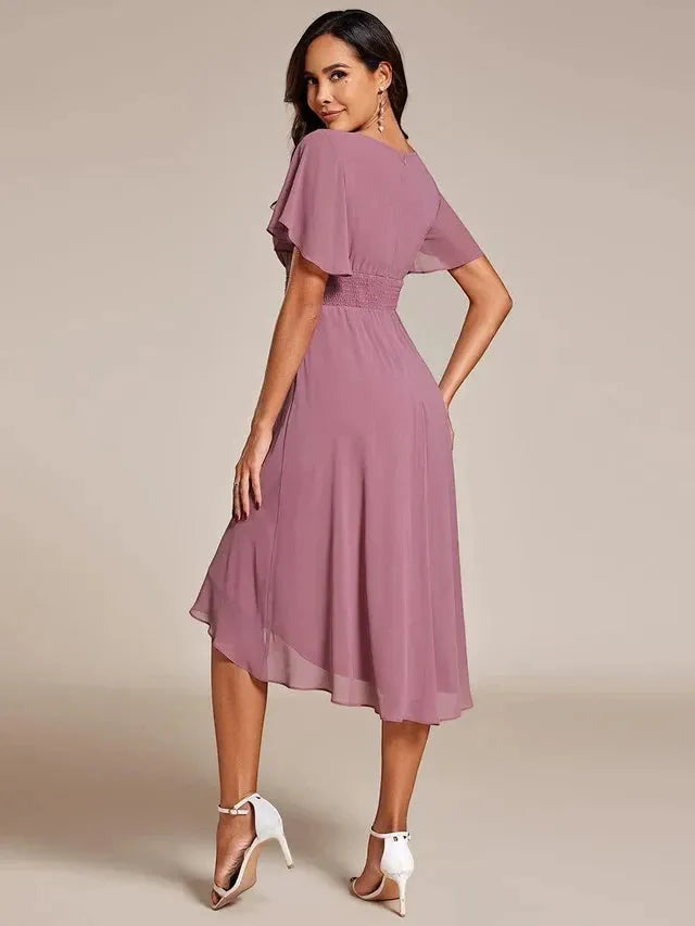 Women's Elegant Flowy Midi Wedding Guest Dress with Ruffle Details