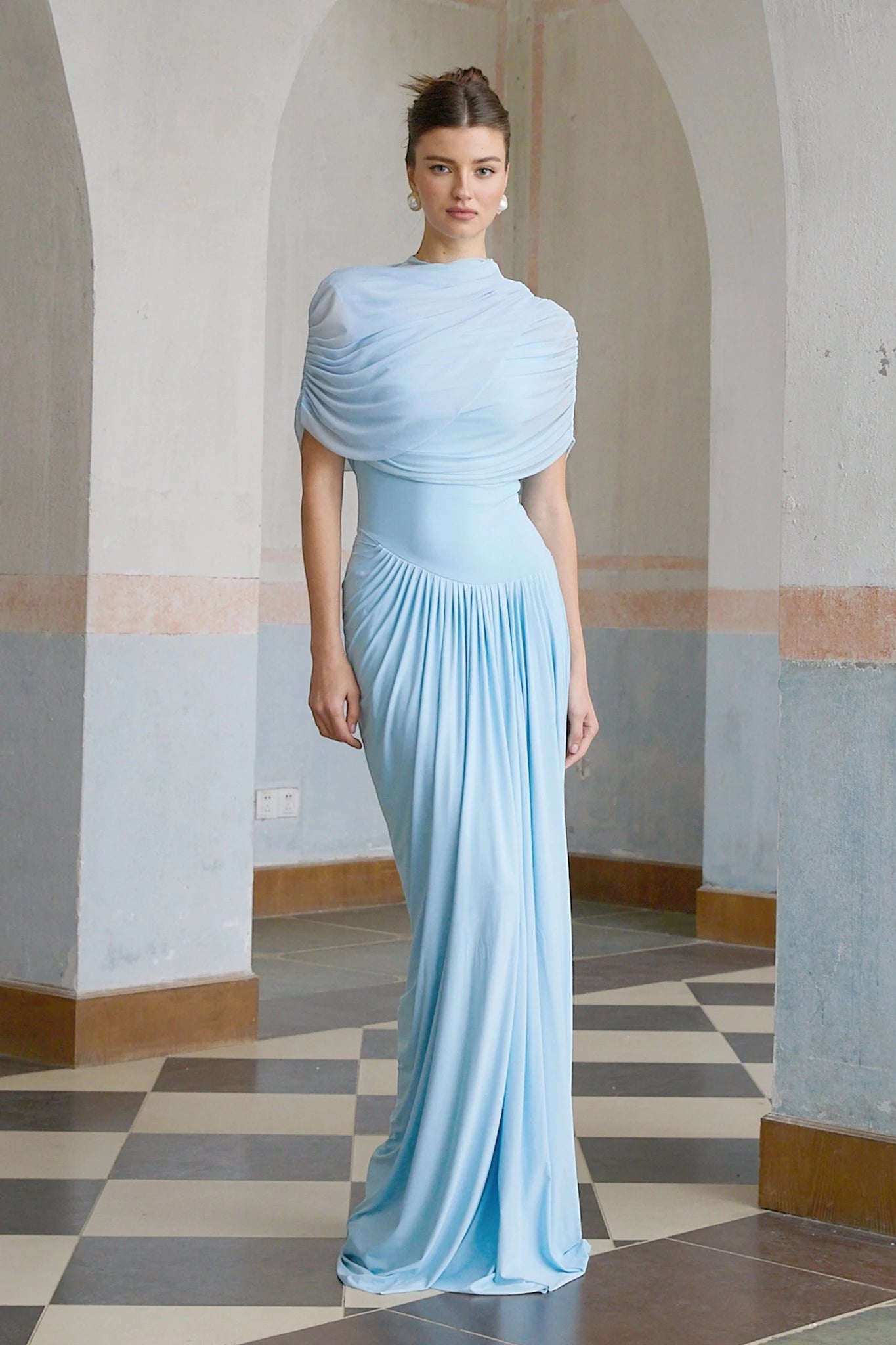 Women's Elegant Formal Maxi Wedding Guest Dress with Pleated Detailing