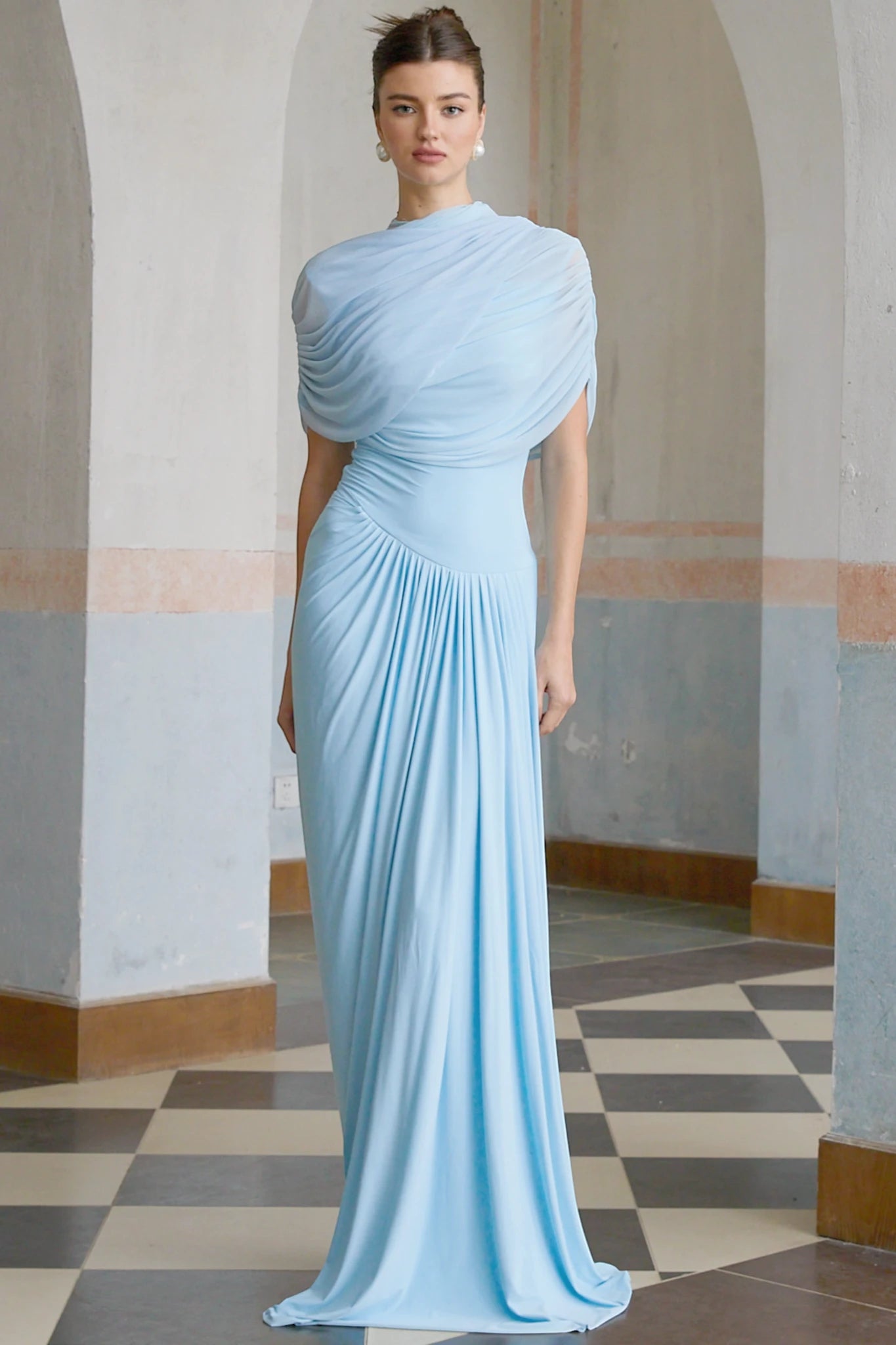 Women's Elegant Formal Maxi Wedding Guest Dress with Pleated Detailing