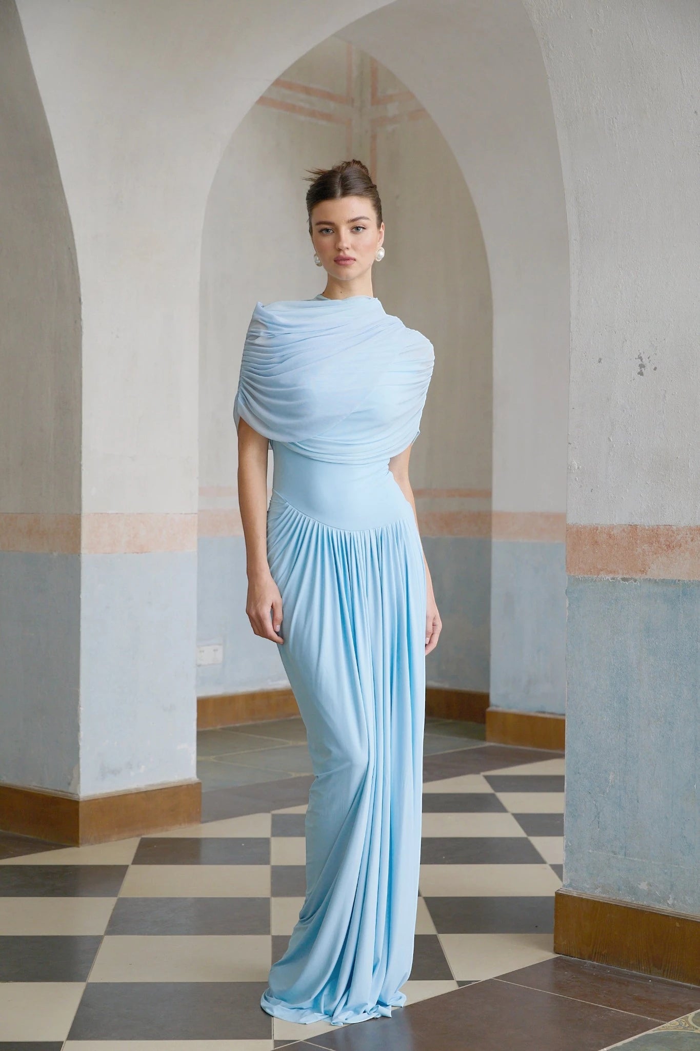 Women's Elegant Formal Maxi Wedding Guest Dress with Pleated Detailing