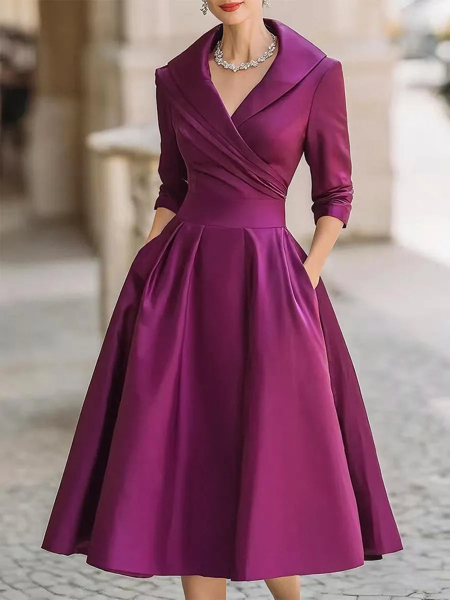 Women's Elegant Formal Midi Wedding Guest Dress with Pleated Details