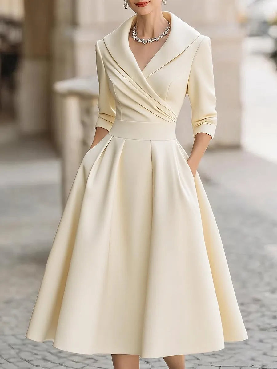 Women's Elegant Formal Midi Wedding Guest Dress with Pleated Details