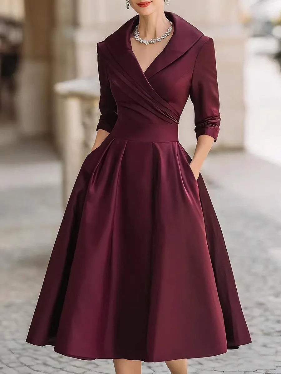 Women's Elegant Formal Midi Wedding Guest Dress with Pleated Details