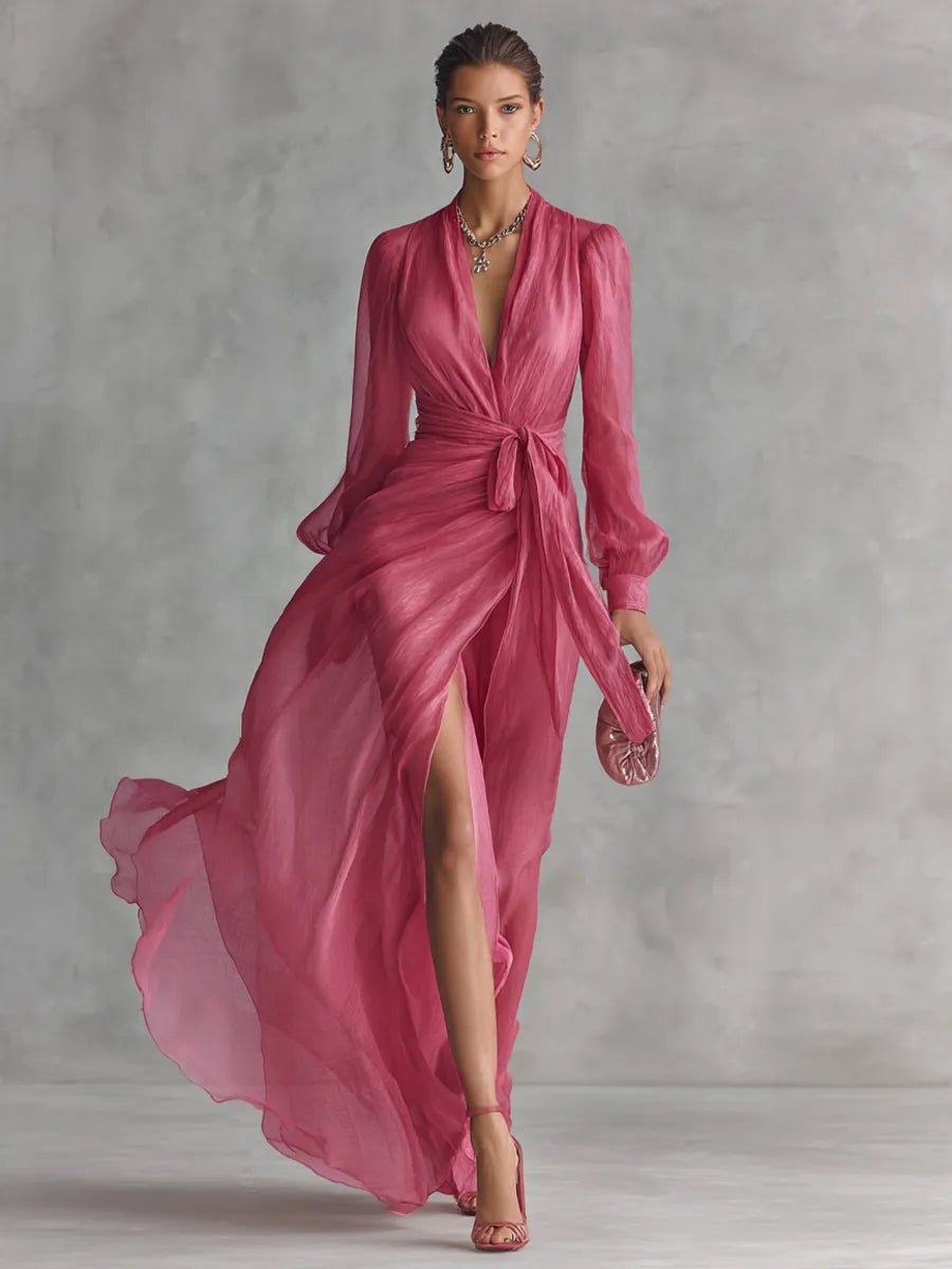 Women's Elegant Long Sleeve Maxi Summer Dress with V-Neck