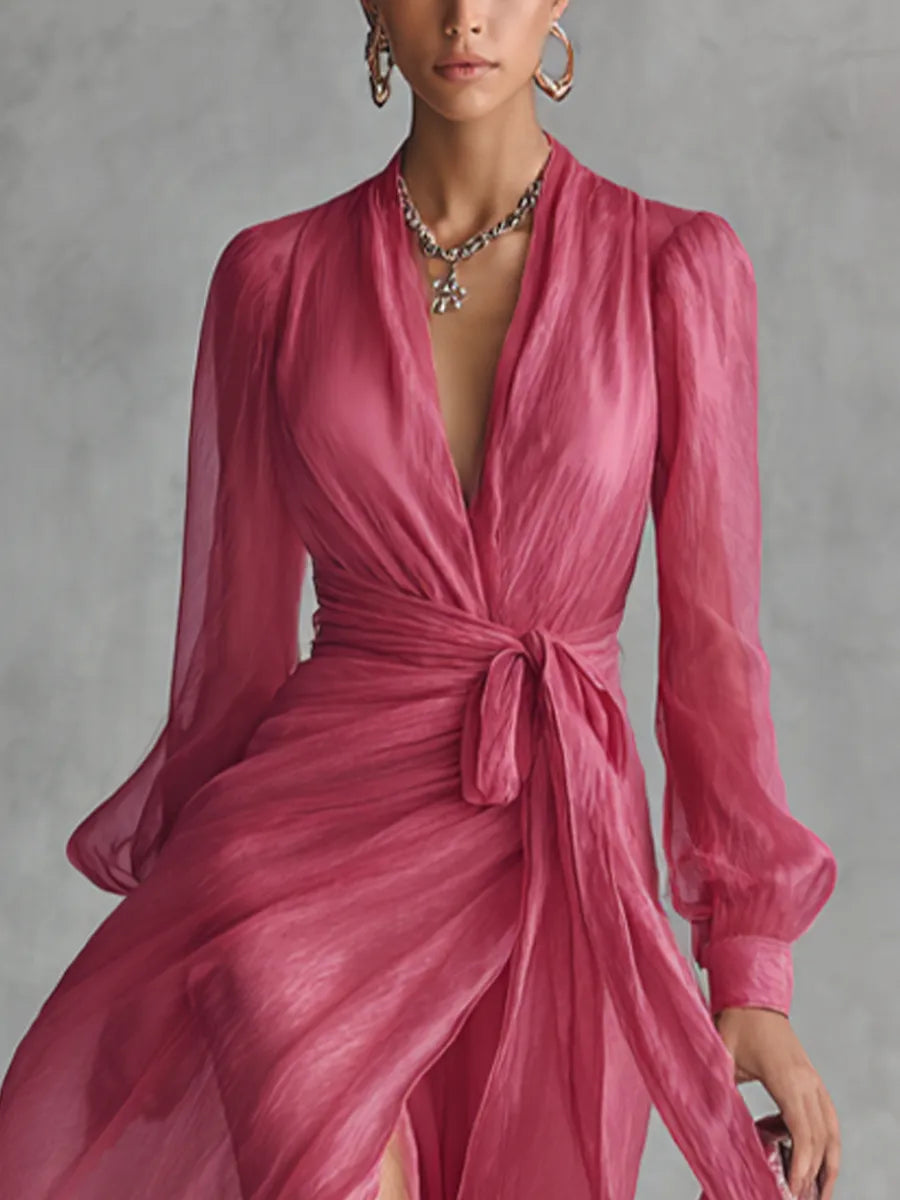 Women's Elegant Long Sleeve Maxi Summer Dress with V-Neck