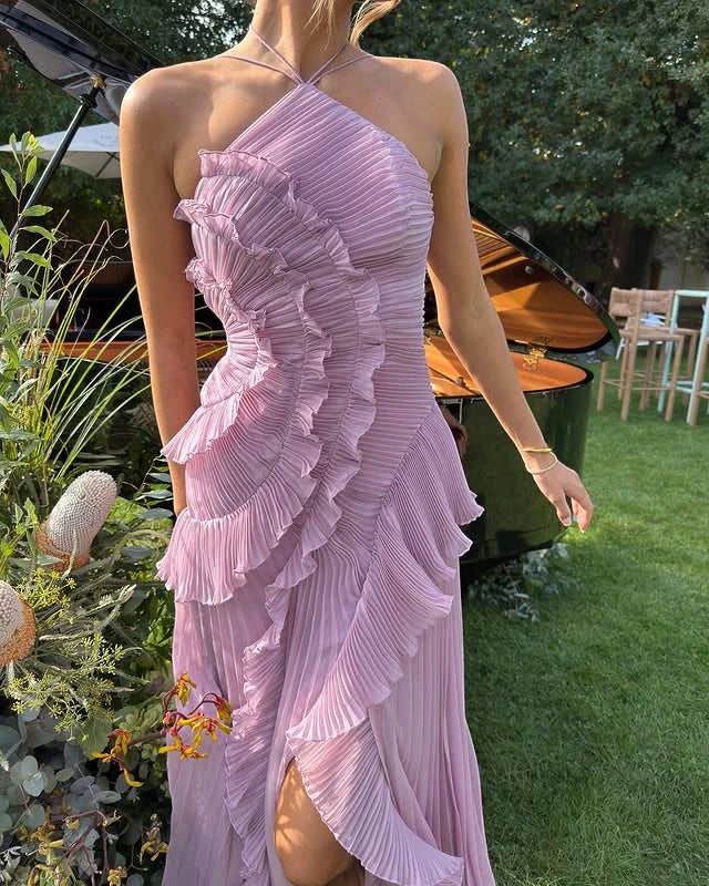 Women's Elegant Maxi Wedding Guest Dress with Halter and Ruffle