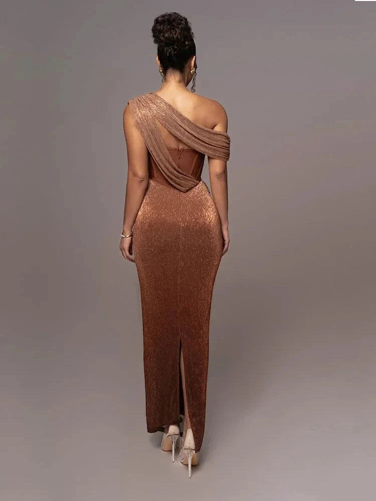 Women's Elegant Maxi Wedding Guest Dress with One Shoulder