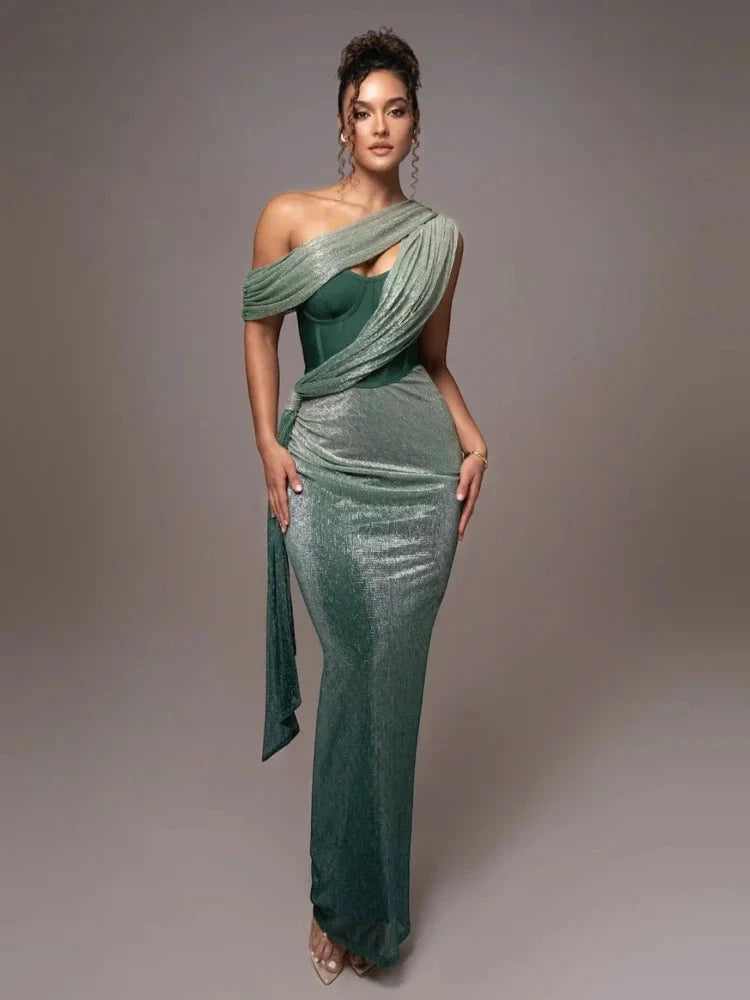 Women's Elegant Maxi Wedding Guest Dress with One Shoulder