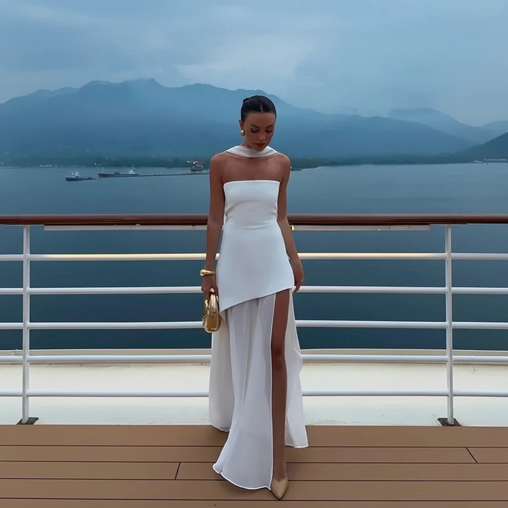 Women's Elegant Maxi Wedding Guest Dress with Strapless and Slit