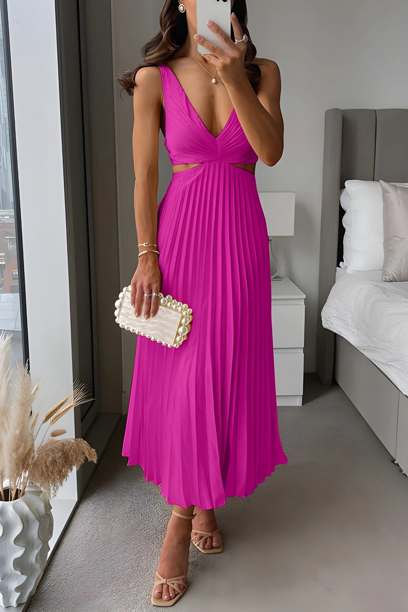 Women's Elegant Midi Summer Dress with Pleated Feature