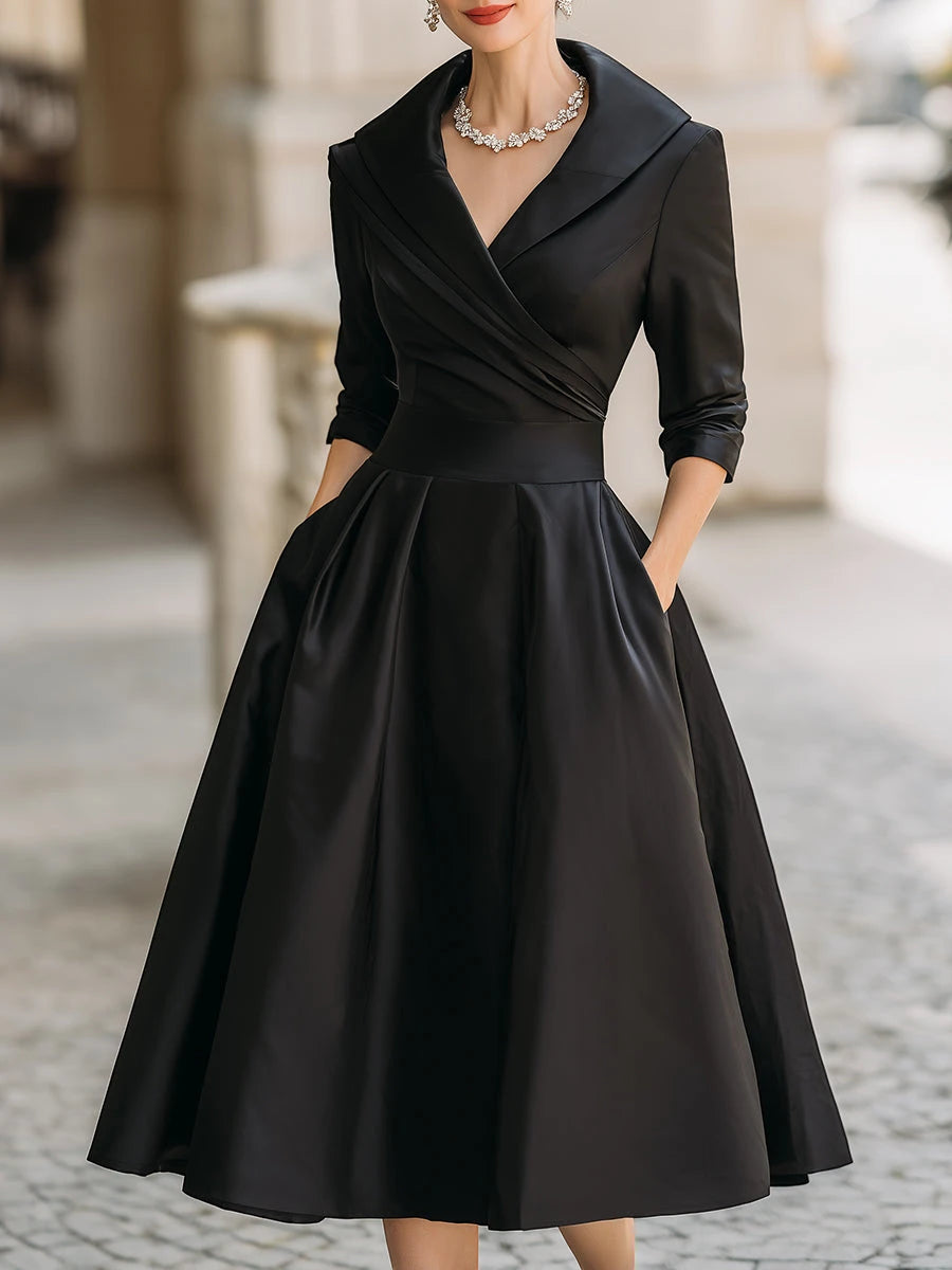 Women’s Elegant Midi Wedding Guest Dress with Wrap and V-Neck