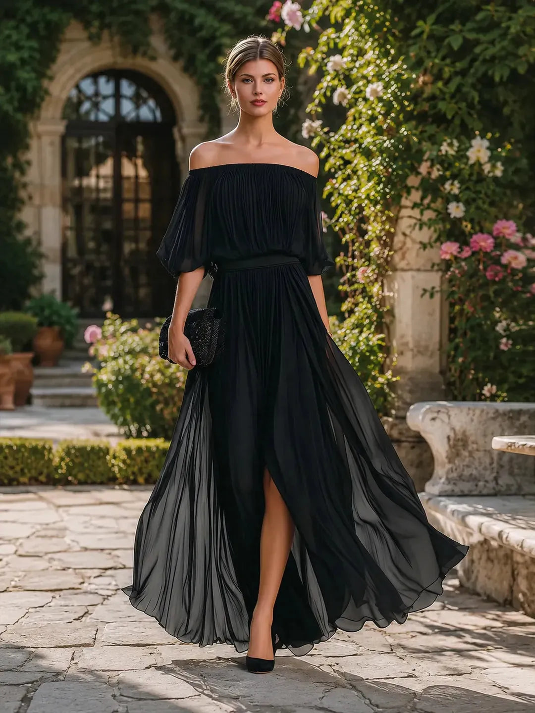 Women's Elegant Pleated Midi Wedding Guest Dress with Off Shoulder