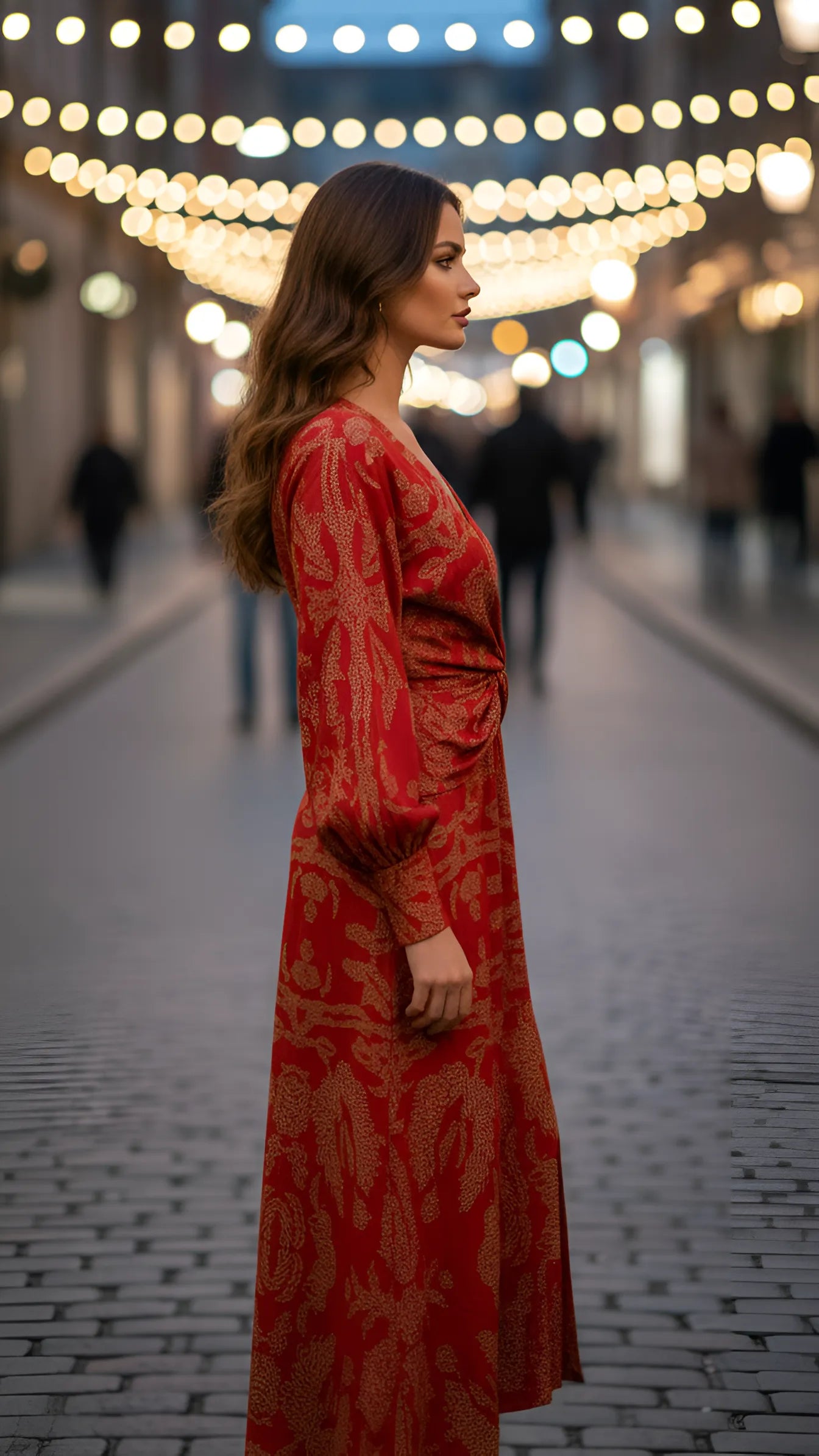 Women's Elegant Printed Maxi Wedding Guest Dress with Long Sleeve
