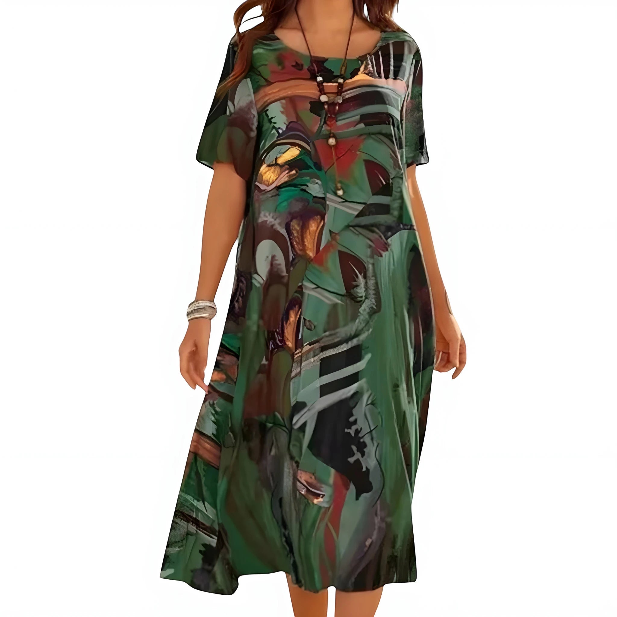 Women's Elegant Printed Midi Summer Dress with Short Sleeve