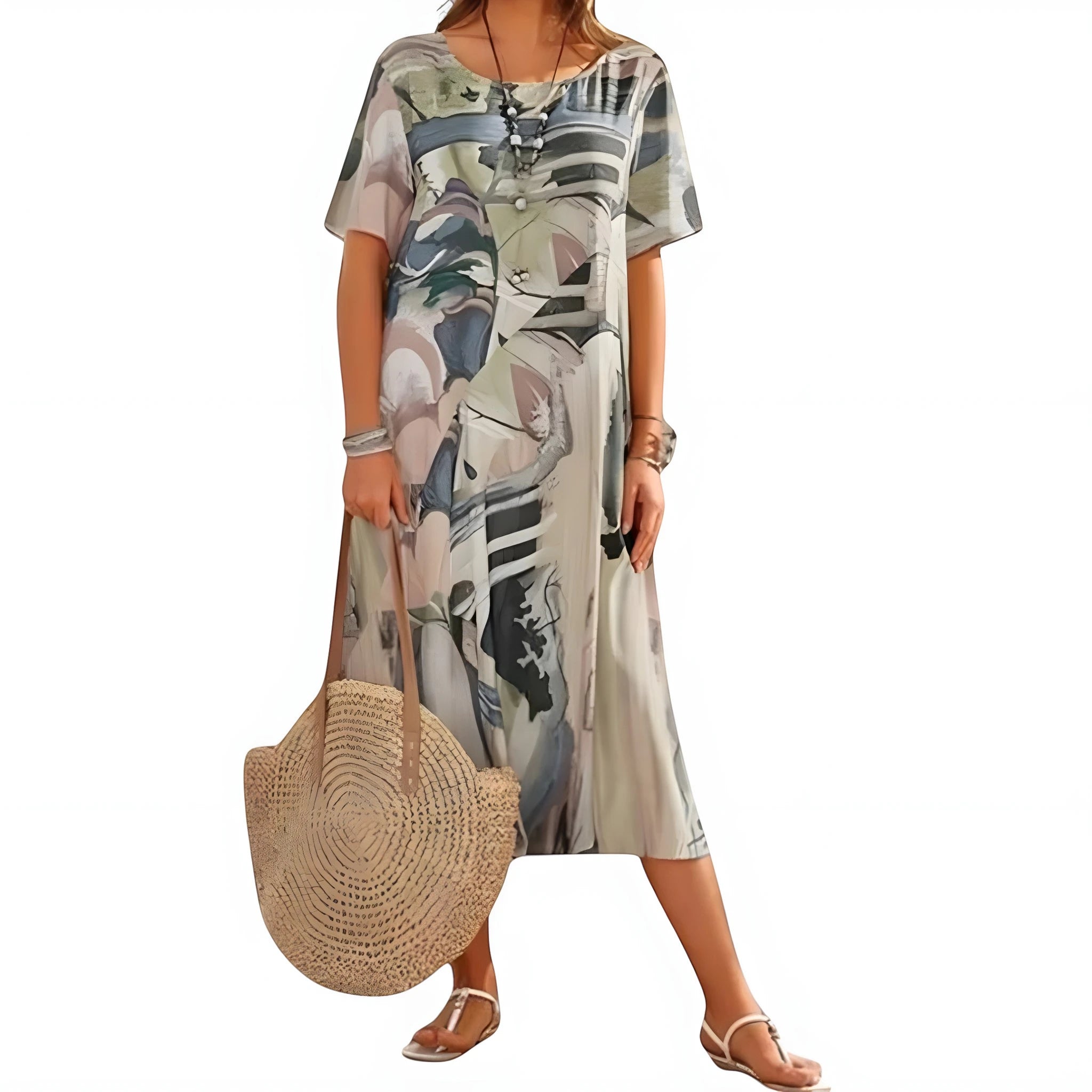 Women's Elegant Printed Midi Summer Dress with Short Sleeve
