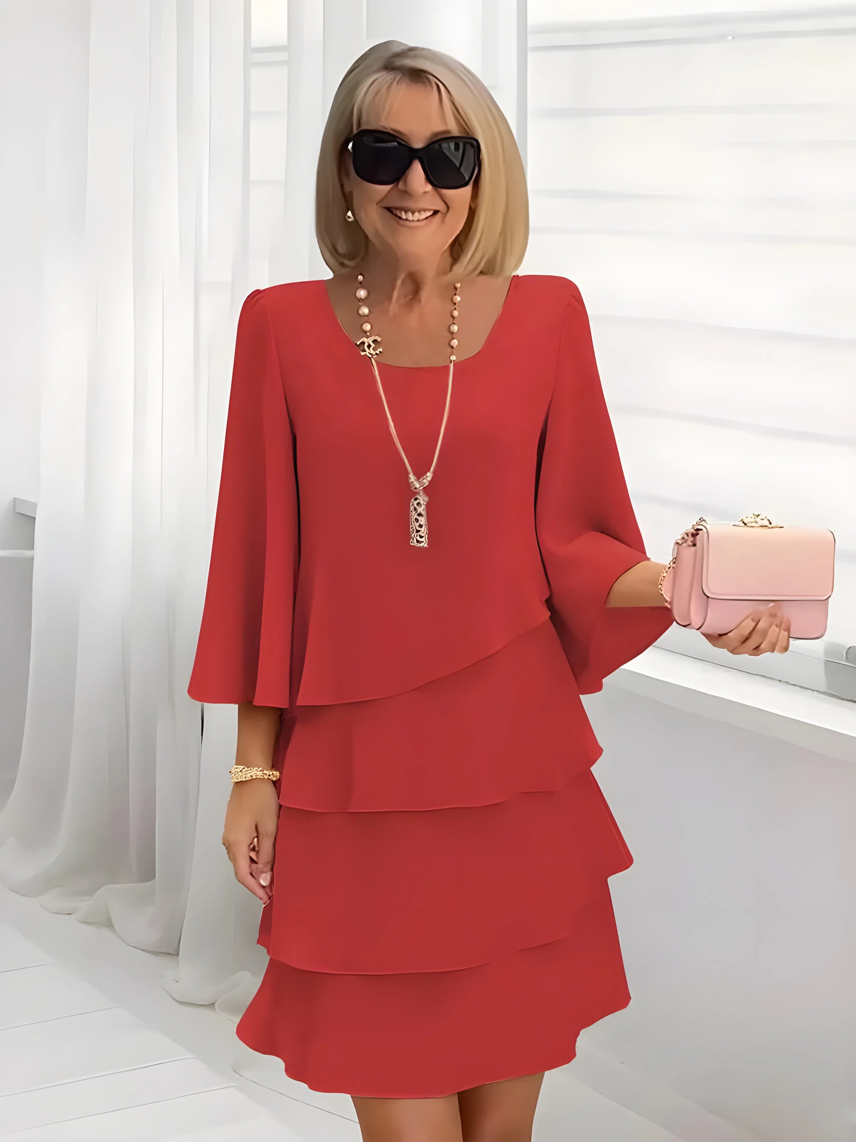 Women’s Elegant Ruffle Midi Summer Dress with 3/4 Sleeves