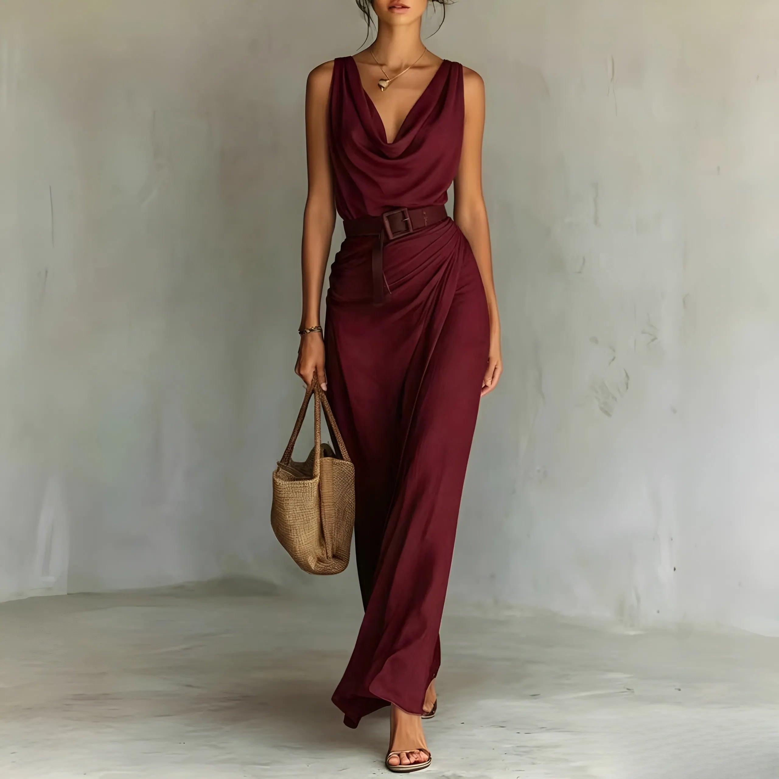 Women's Elegant Sleeveless Maxi Summer Dress with Cowl Neck