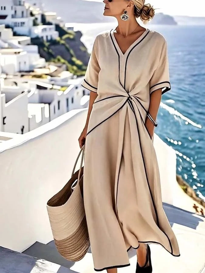 Women's Elegant Summer Maxi Dress with V-Neck and Short Sleeve