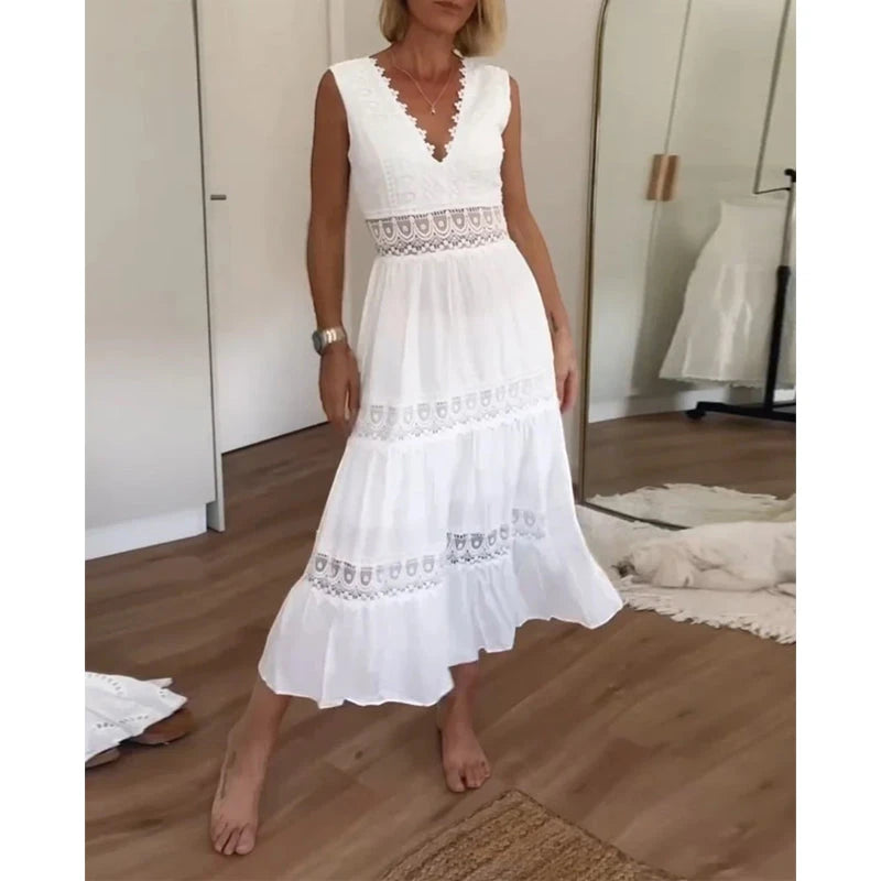 Women's Elegant Tiered Midi Summer Dress with V-Neck