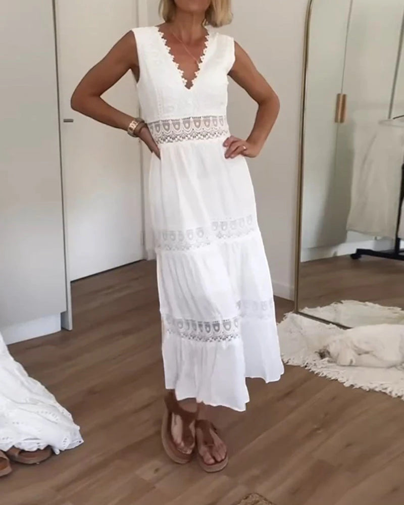 Women's Elegant Tiered Midi Summer Dress with V-Neck