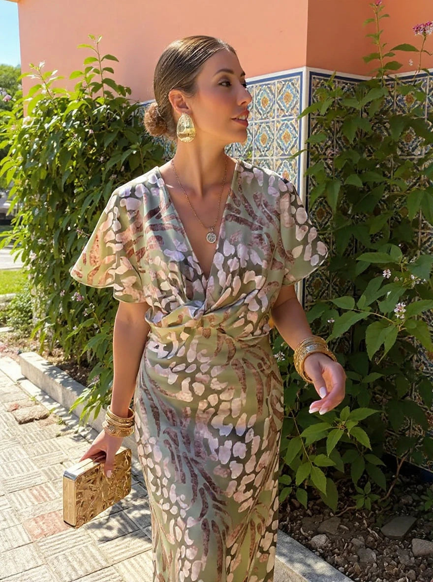 Women's Elegant Vintage Midi Summer Dress with V-Neck
