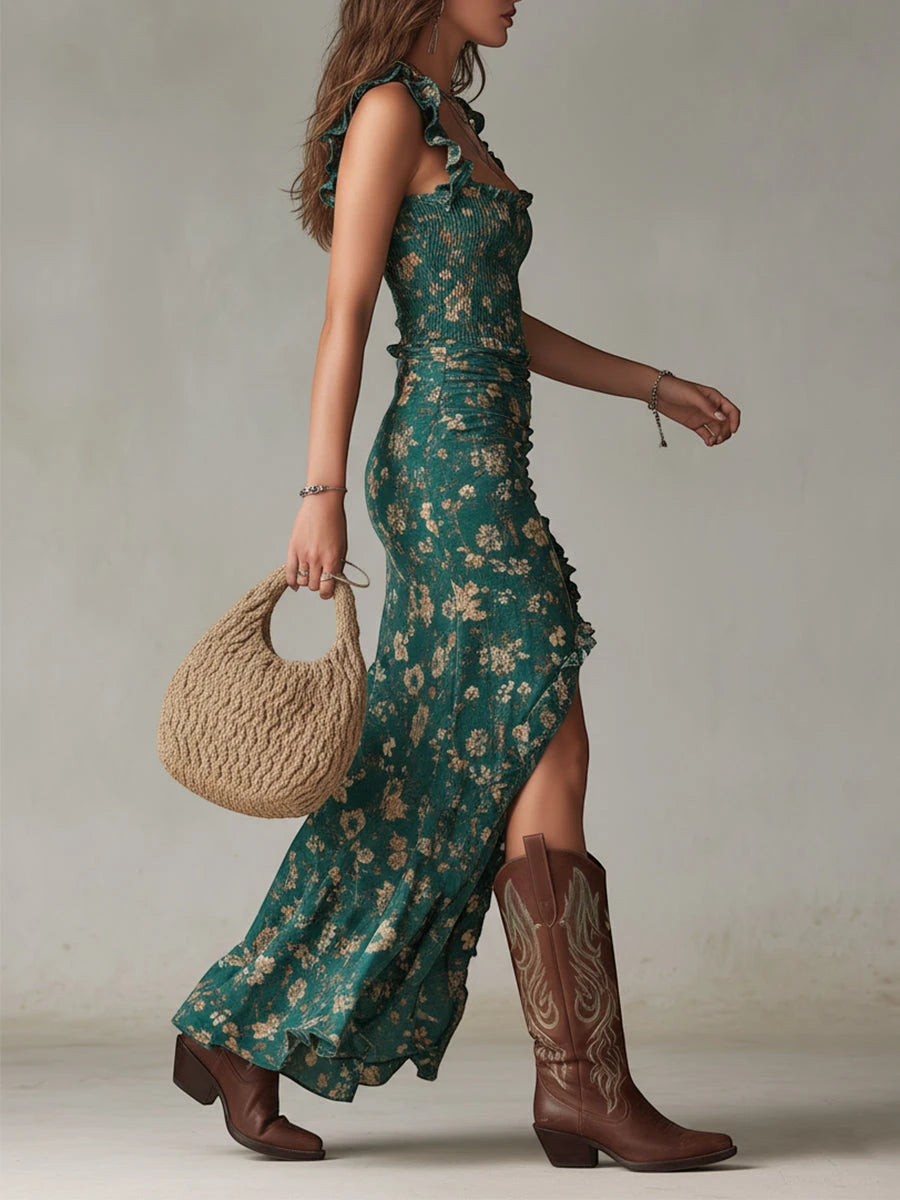 Women's Floral Boho Maxi Summer Dress with Ruffle