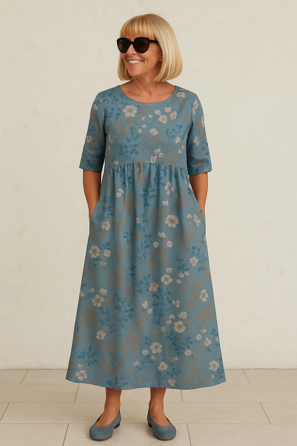 Women's Floral Casual Midi Summer Dress with 3/4 Sleeve