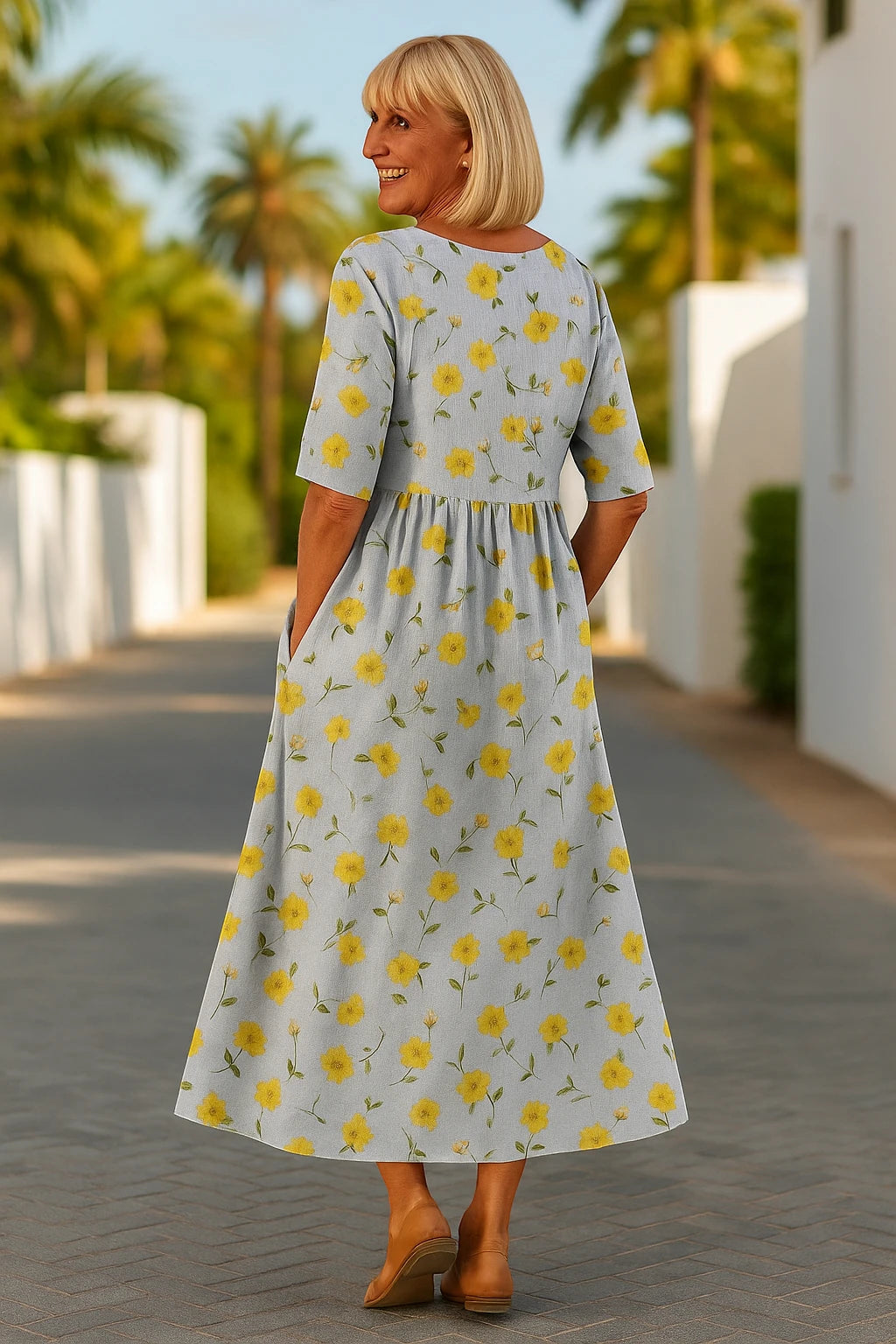 Women's Floral Casual Midi Summer Dress with 3/4 Sleeve