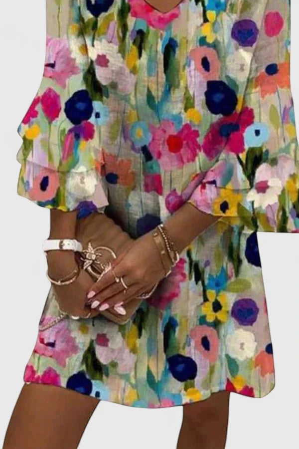Women's Floral Casual Mini Summer Dress with Bell Sleeve