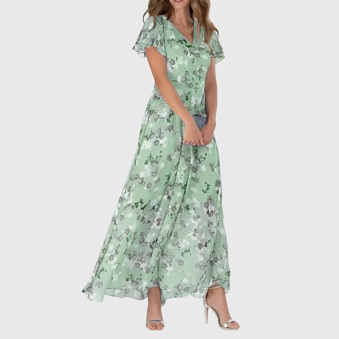 Women's Floral Elegant Maxi Summer Dress with Bell Sleeve