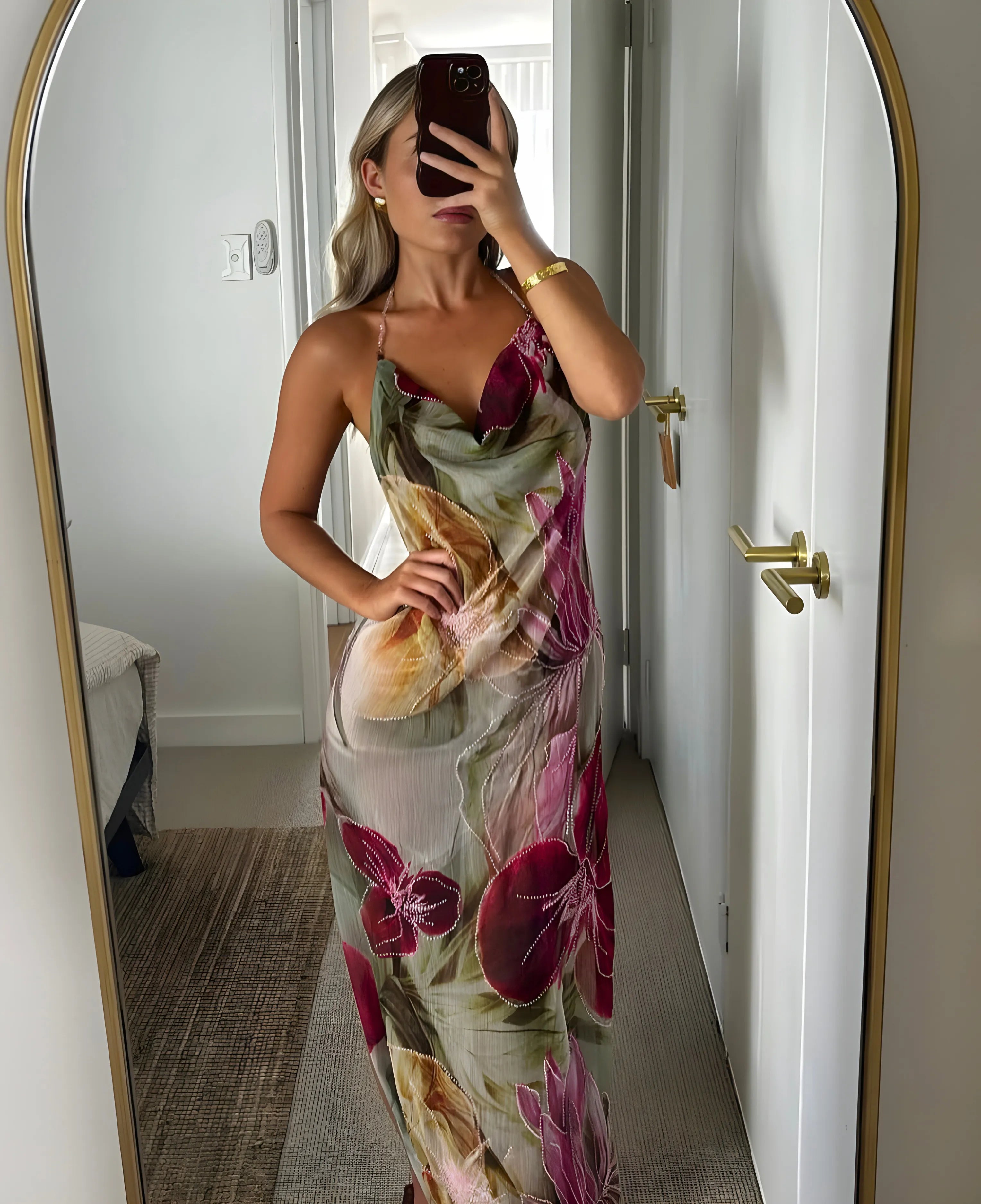 Women's Floral Elegant Maxi Summer Dress with Cowl Neck