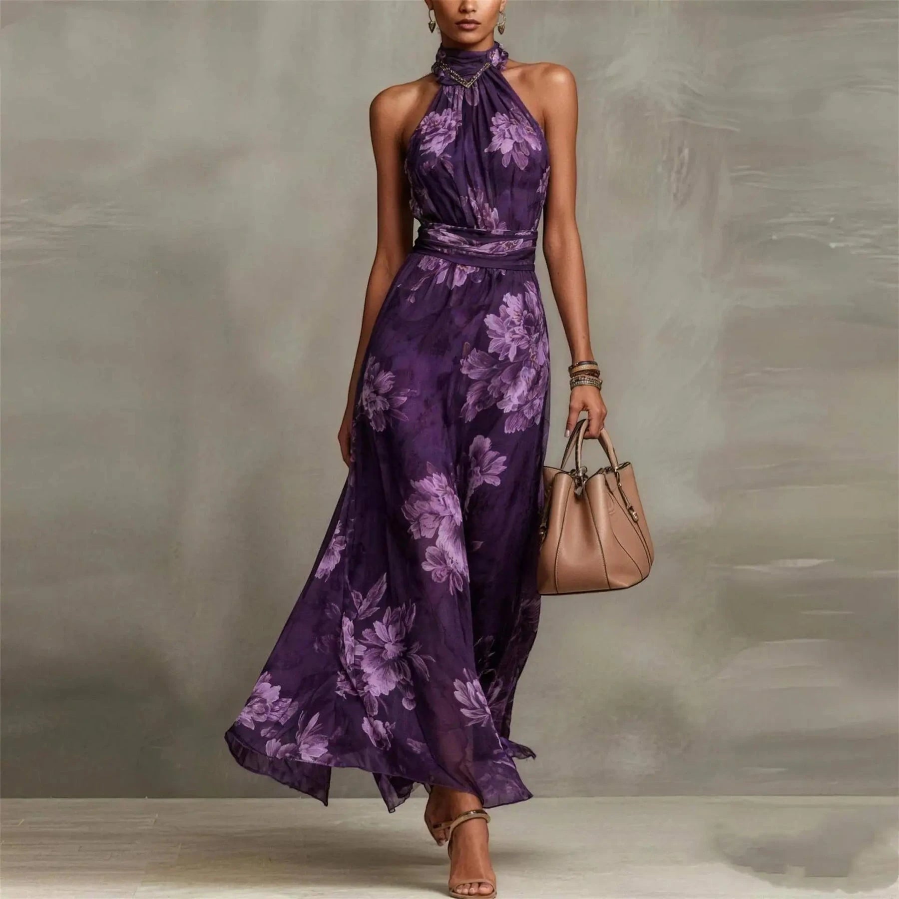 Women's Floral Elegant Maxi Summer Dress with Halter Neck