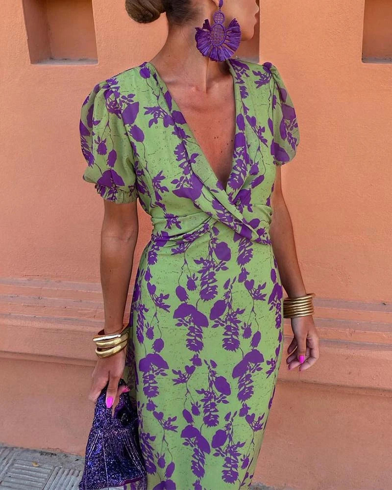 Women's Floral Elegant Midi Summer Dress with Puff Sleeve