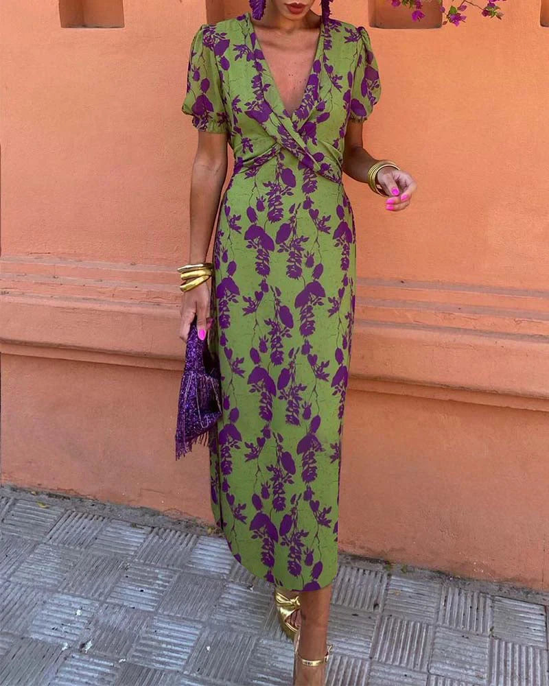 Women's Floral Elegant Midi Summer Dress with Puff Sleeve