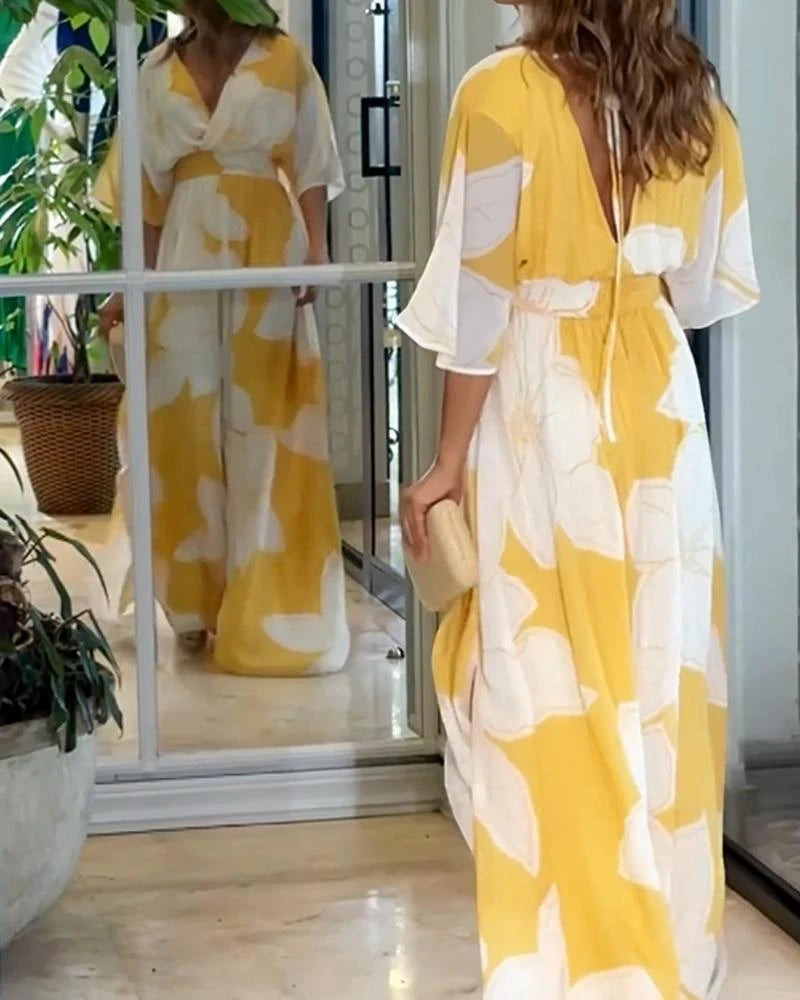 Women's Floral Elegant Maxi Summer Dress with V-Neck