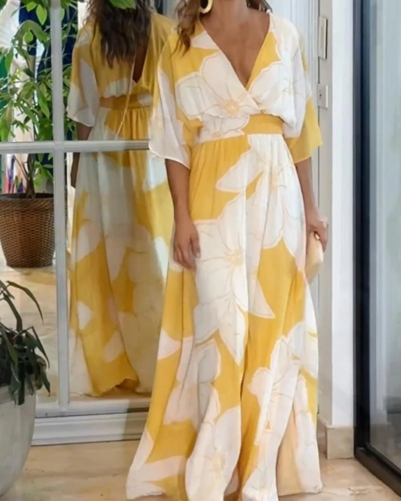 Women's Floral Elegant Maxi Summer Dress with V-Neck