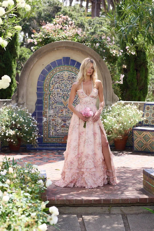 Women's Floral Elegant Maxi Wedding Guest Dress with Slit