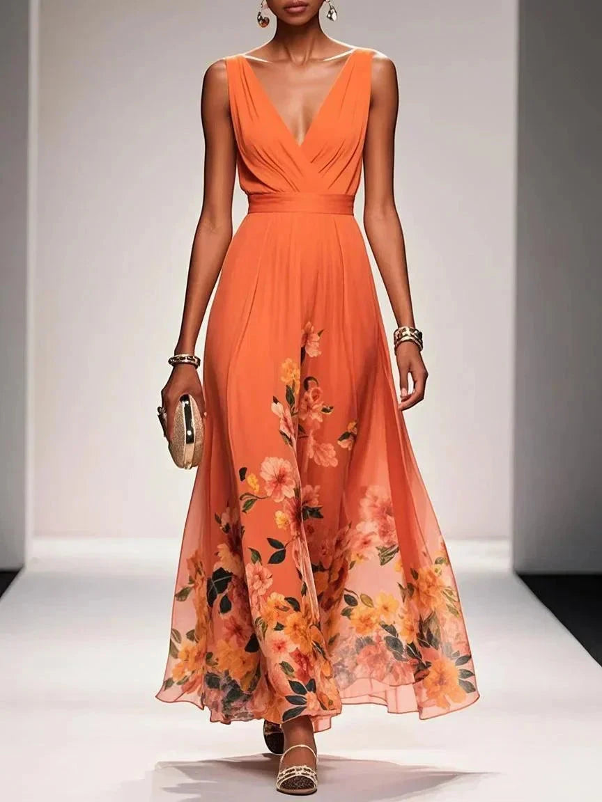 Women's Floral Elegant Maxi Wedding Guest Dress with V-Neck