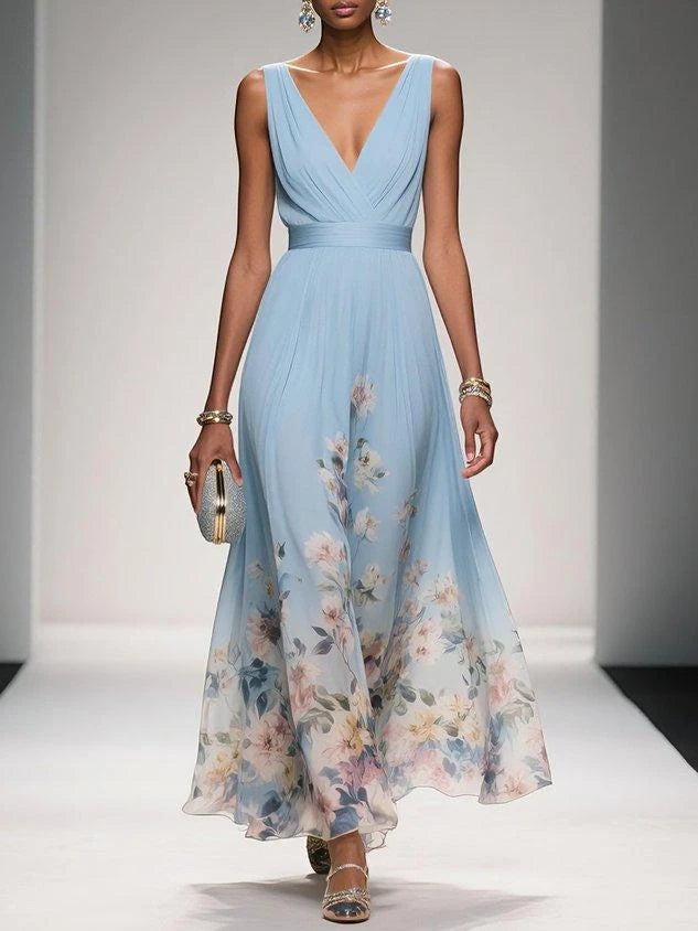 Women's Floral Elegant Maxi Wedding Guest Dress with V-Neck